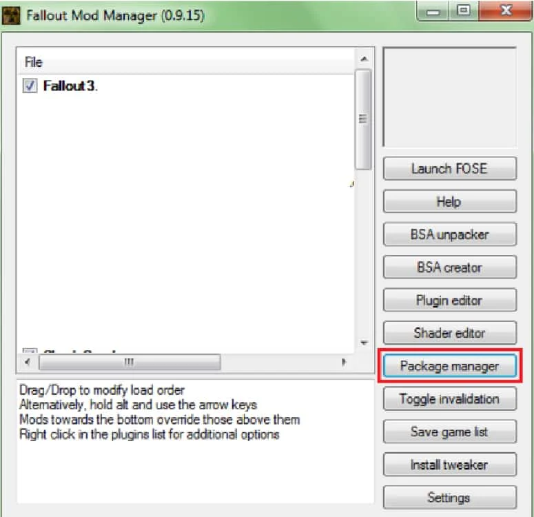 selectați managerul de pachete în managerul de mod fallout