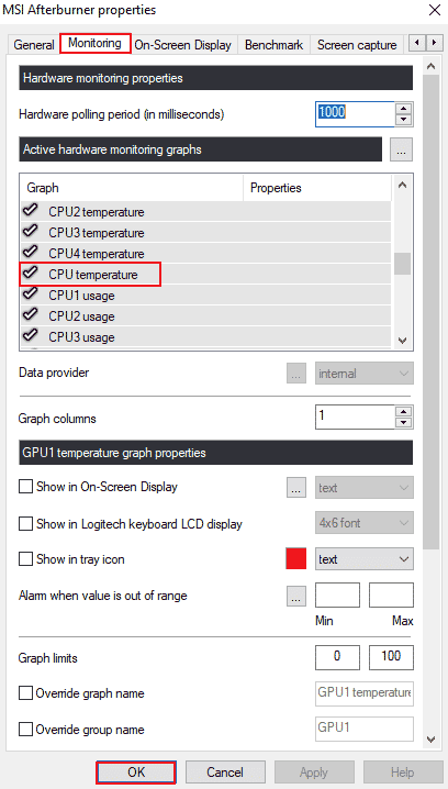 启用 CPU 温度，然后单击确定。修复 MSI Afterburner 无法在 Windows 10 上运行的方法