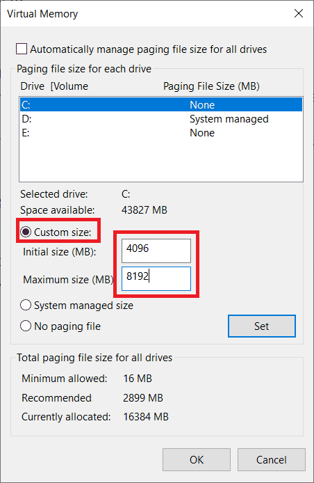 Modificar las opciones de tamaño personalizado