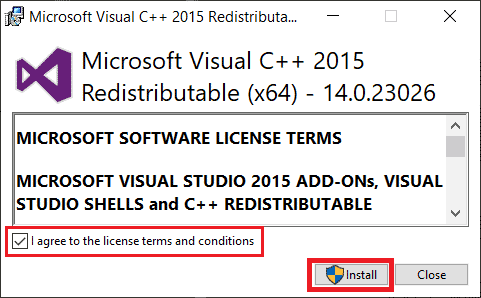 Siga las indicaciones e instale la última versión de Microsoft Visual C plus plus Runtime