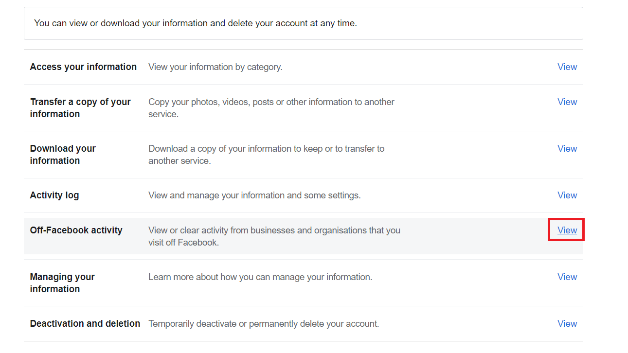 Haga clic en Ver junto a la opción de actividad fuera de Facebook