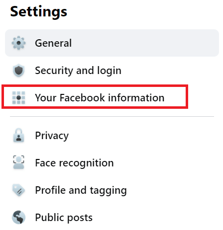 haga clic en Su información de Facebook en el panel izquierdo