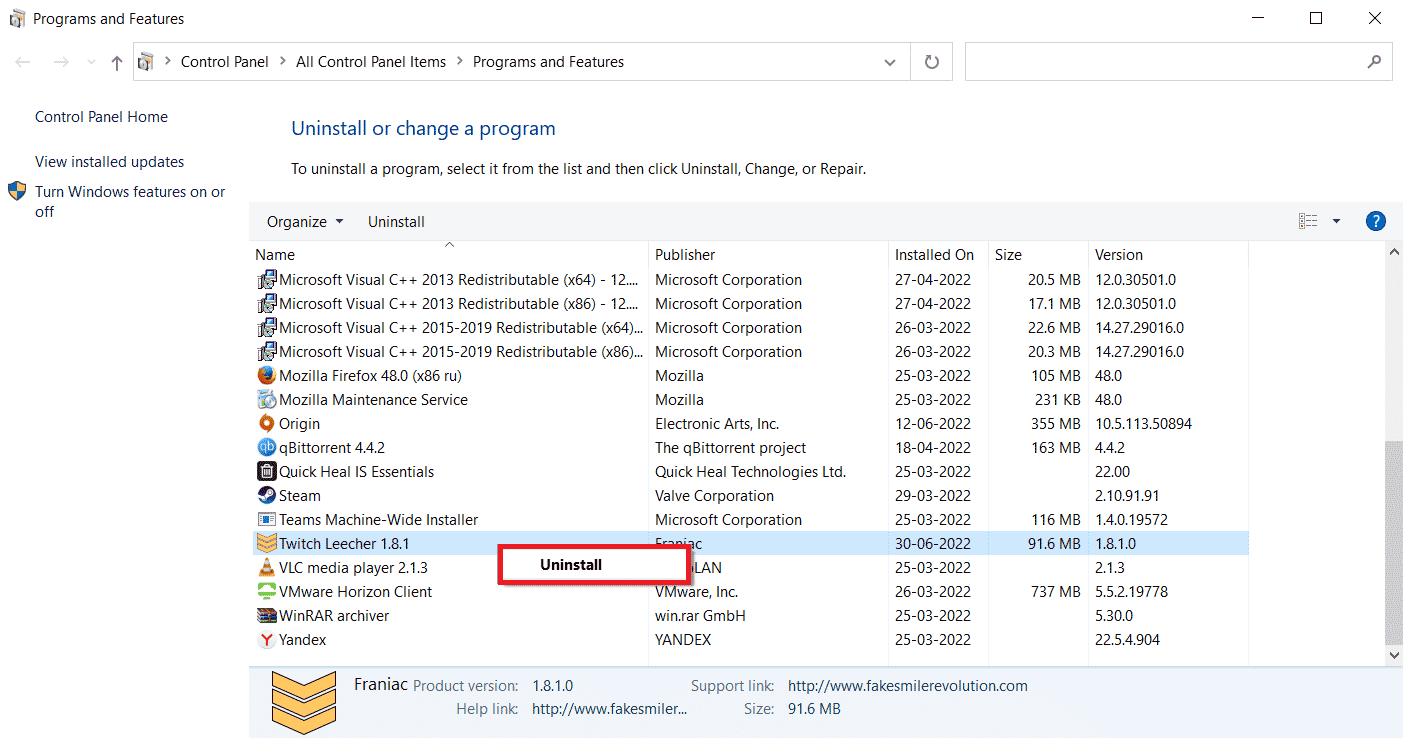 Kliknij Odinstaluj. Napraw błąd pobierania Twitch Leecher