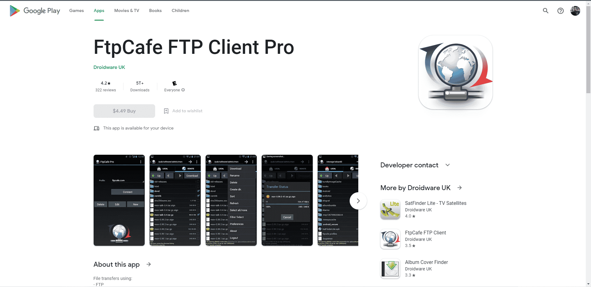 Pagina iniziale del Play Store del client FTP FtpCafe. I migliori client di protocollo di trasferimento file per Android