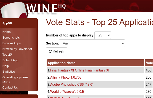 WineHQ 的 AppDB 上排名前 25 的应用程序列表