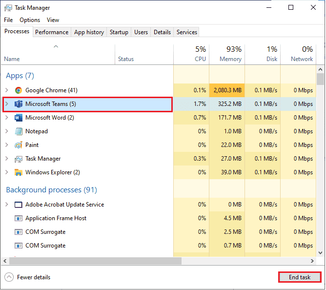 现在，搜索并单击 Microsoft Teams。然后，点击结束任务