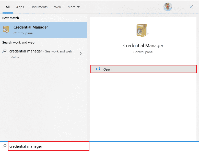 点击 Windows 键并键入凭据管理器。然后，单击打开。