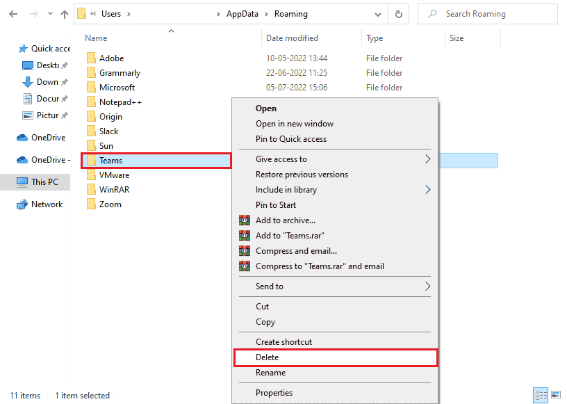 右键单击 Teams 文件夹，然后单击删除选项