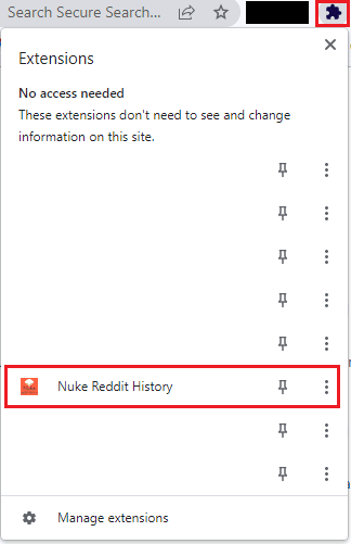 单击工具栏中的扩展图标，然后单击 Nuke Reddit 历史扩展