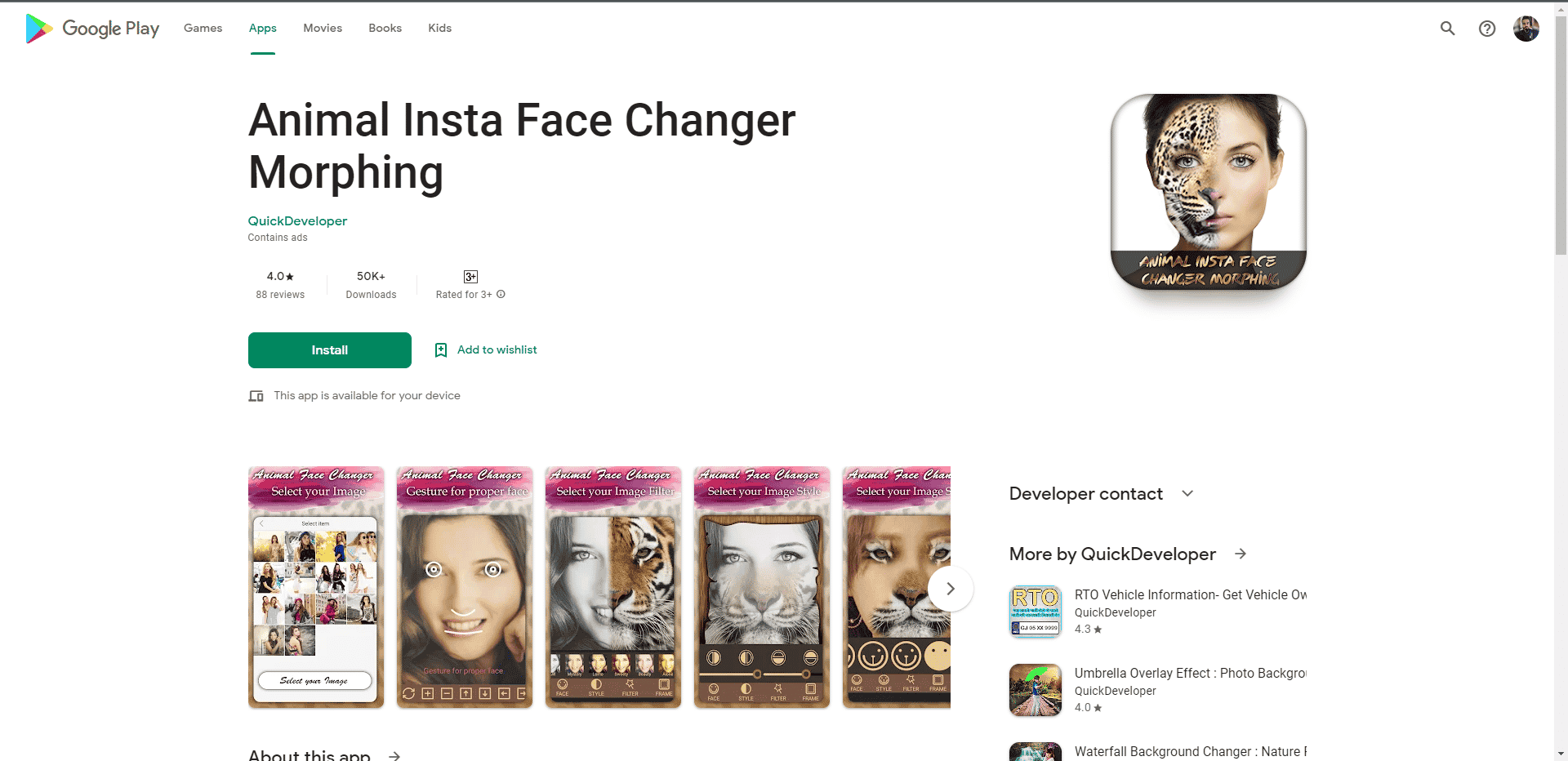 Insta Face Changer Pro Play 商店页面