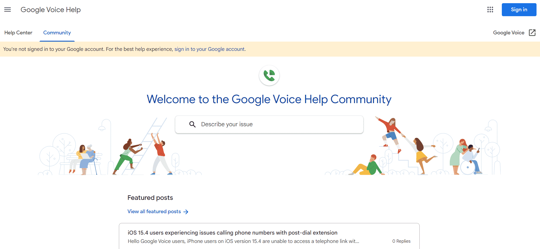 Google 语音帮助社区页面。修复 Google Voice 我们无法完成您的通话