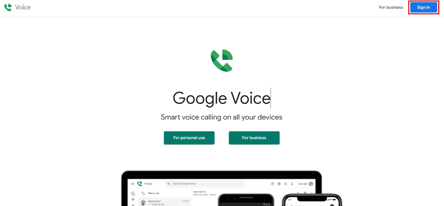 点击右上角的登录并使用您的 Google Voice 帐户凭据登录