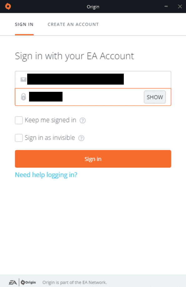 使用您的憑據登錄。修復 Origin Overlay 在 Windows 10 中不起作用