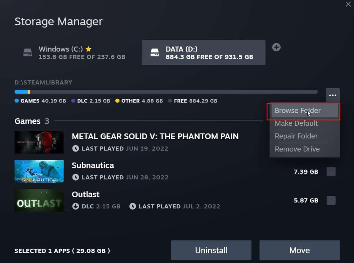 单击三个点并选择浏览文件夹以打开 Steamapps 文件夹