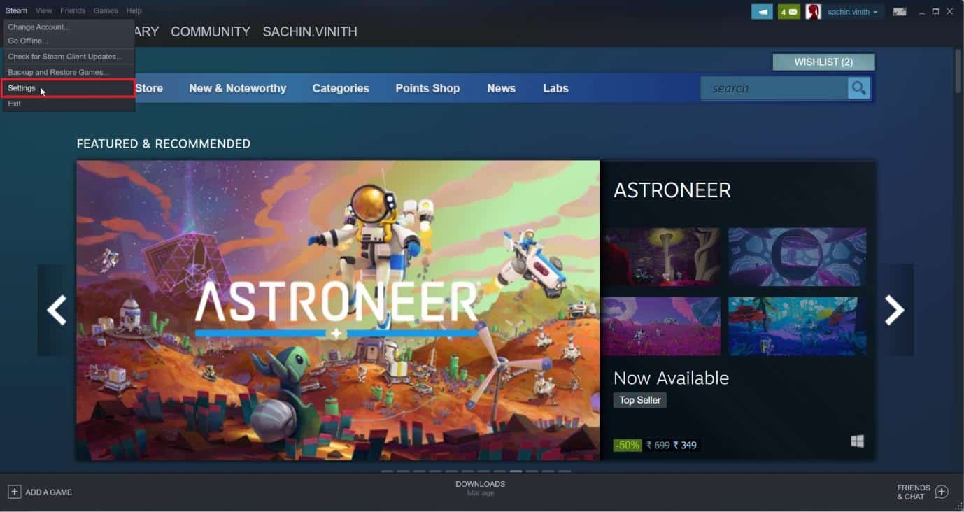 在菜单中选择设置。修复无法在 Windows 10 中初始化 Steam API