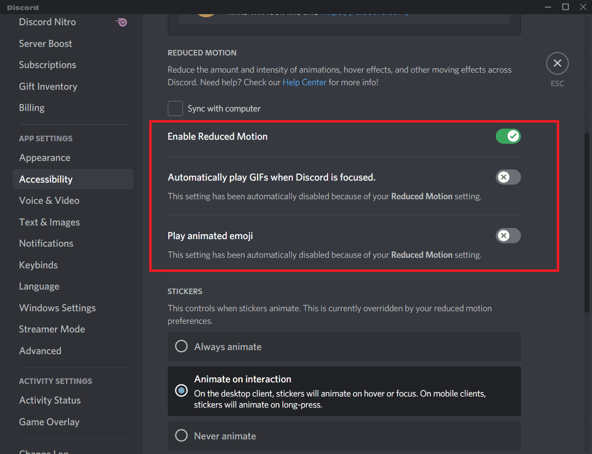 切換選項啟用減少運動。修復 Discord 屏幕共享在 Windows 10 中不起作用