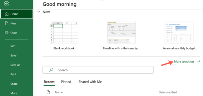 Excel 主页部分中的更多模板