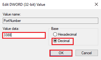 在 Base 部分中选择 Decimal 选项，然后将 Value 数据栏中的值从 3389 更改为 3388