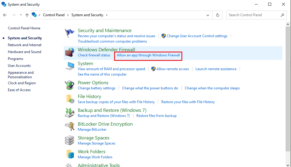 单击 Windows Defender 防火墙部分下的允许应用程序通过 Windows 防火墙选项。修复远程桌面无法连接到远程计算机