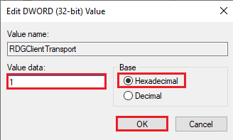 在 Base 部分中选择 Hexadecimal 选项，然后在 Value data 中键入值 1