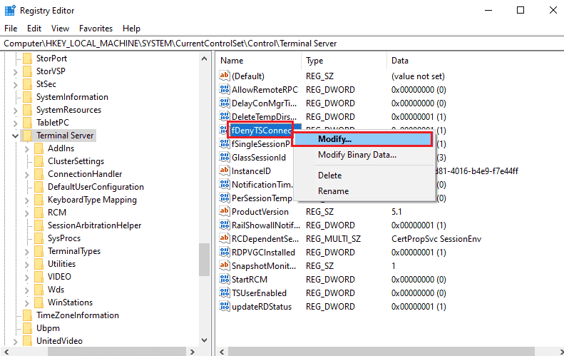 右键单击 fDenyTSConnections 并单击 Modify... 选项