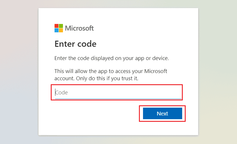 访问 Microsoft Live Login 页面并在可用字段中输入给定的代码。点击下一步