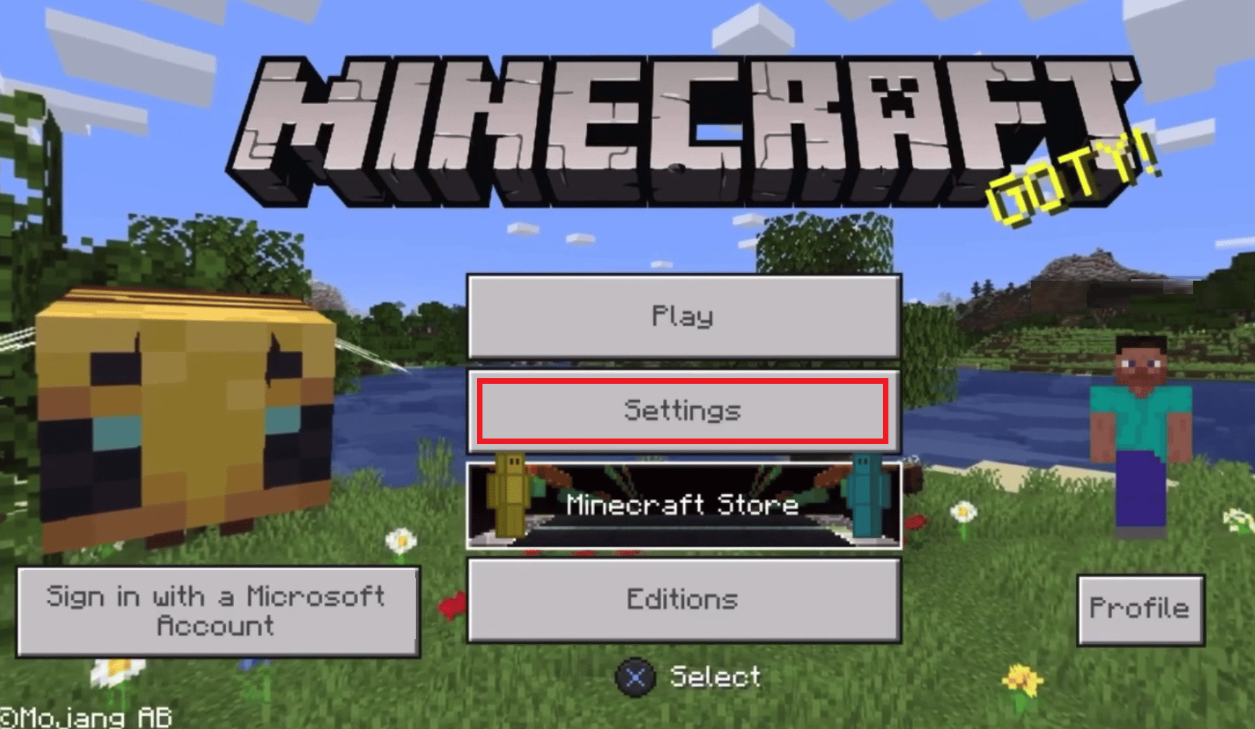 在 PS4 上的 Minecraft 游戏主屏幕中，选择设置 |在 PS4 上使用 Microsoft 帐户登录 Minecraft