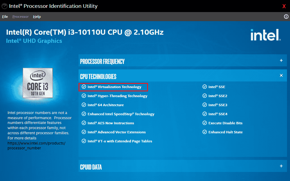 Examine a lista de tecnologias de CPU para a tecnologia de virtualização Intel, geralmente a tecnologia de virtualização Intel será o primeiro item da lista