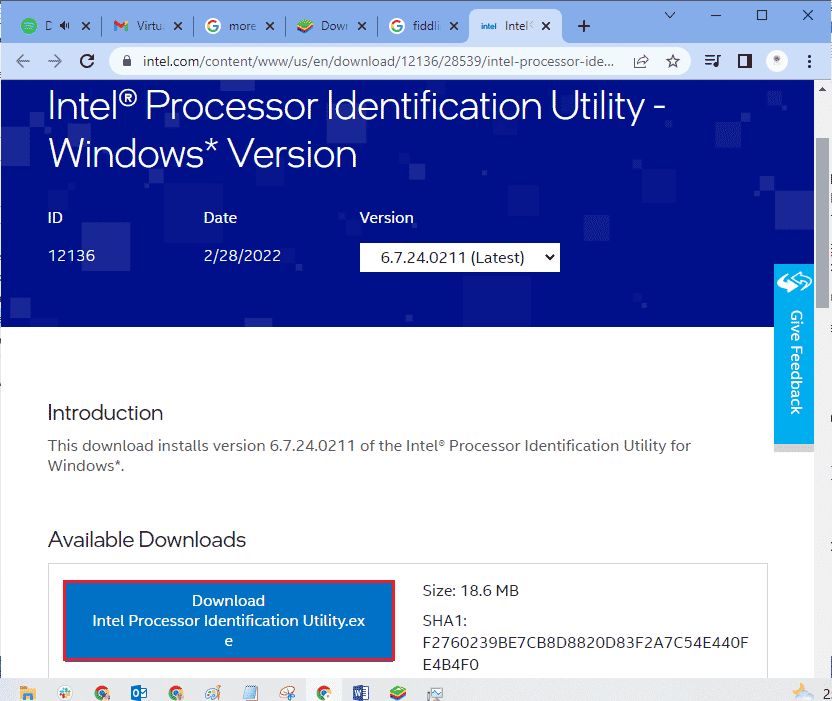 Baixe o Utilitário de identificação do processador da Intel navegando até este link e clicando no botão Download