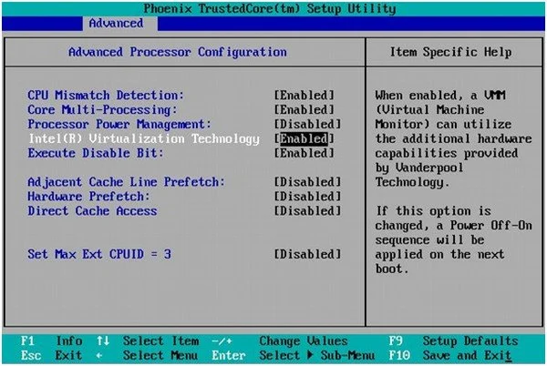 Ative a virtualização no menu do BIOS