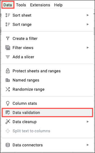 Validação de dados no menu Dados