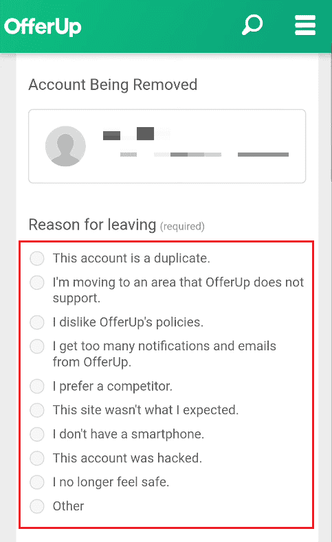 选择停用 OfferUp 帐户的所需原因 |如何停用 OfferUp 帐户