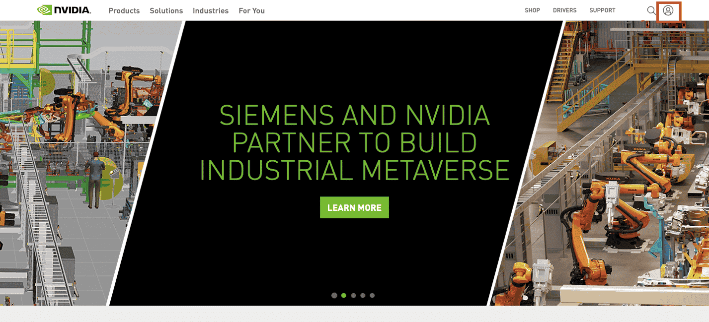 单击 NVIDIA 网站上的用户图标