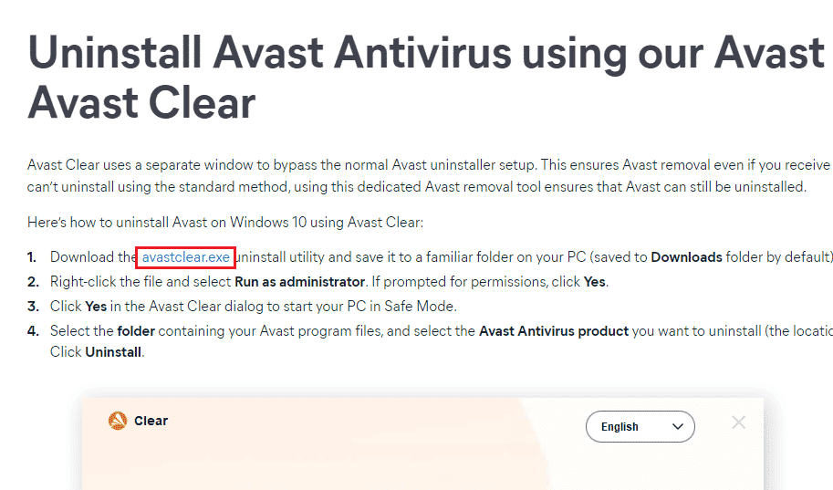 访问 Avast 官方卸载程序站点，然后单击 avastclear.exe 以获取 Avast 卸载实用程序