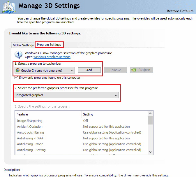 Seleccione un programa para personalizar y seleccione el procesador de gráficos preferido para este programa | Arreglar el error de memoria referenciada de Arma 3 en Windows 10