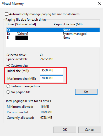 Establezca el tamaño inicial en 3500 MB y el máximo en 7000 MB | Arreglar el error de memoria referenciada de Arma 3 en Windows 10