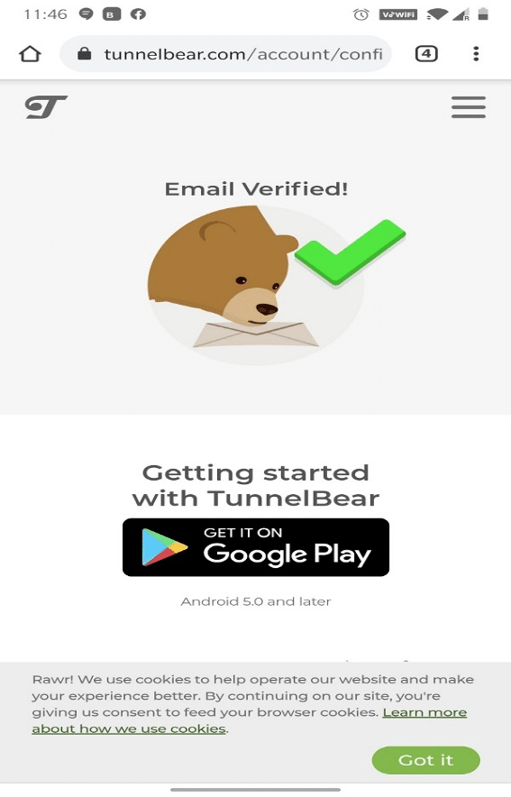 Página web de Tunnel Bear, donde se mostrará Correo electrónico verificado