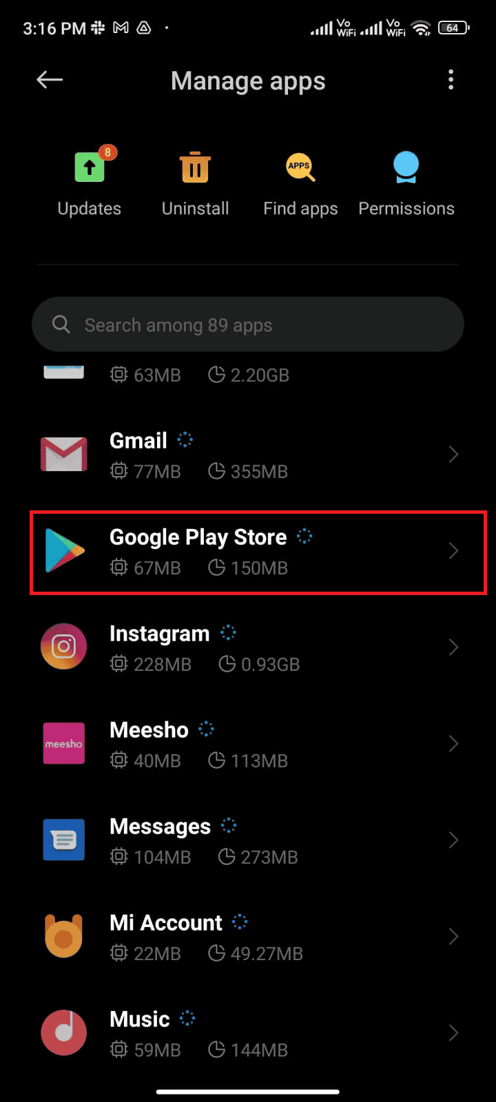 Luego, toque Administrar aplicaciones seguido de Google Play Store