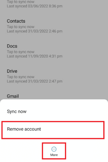 Toque el ícono Más y seleccione la opción Eliminar cuenta