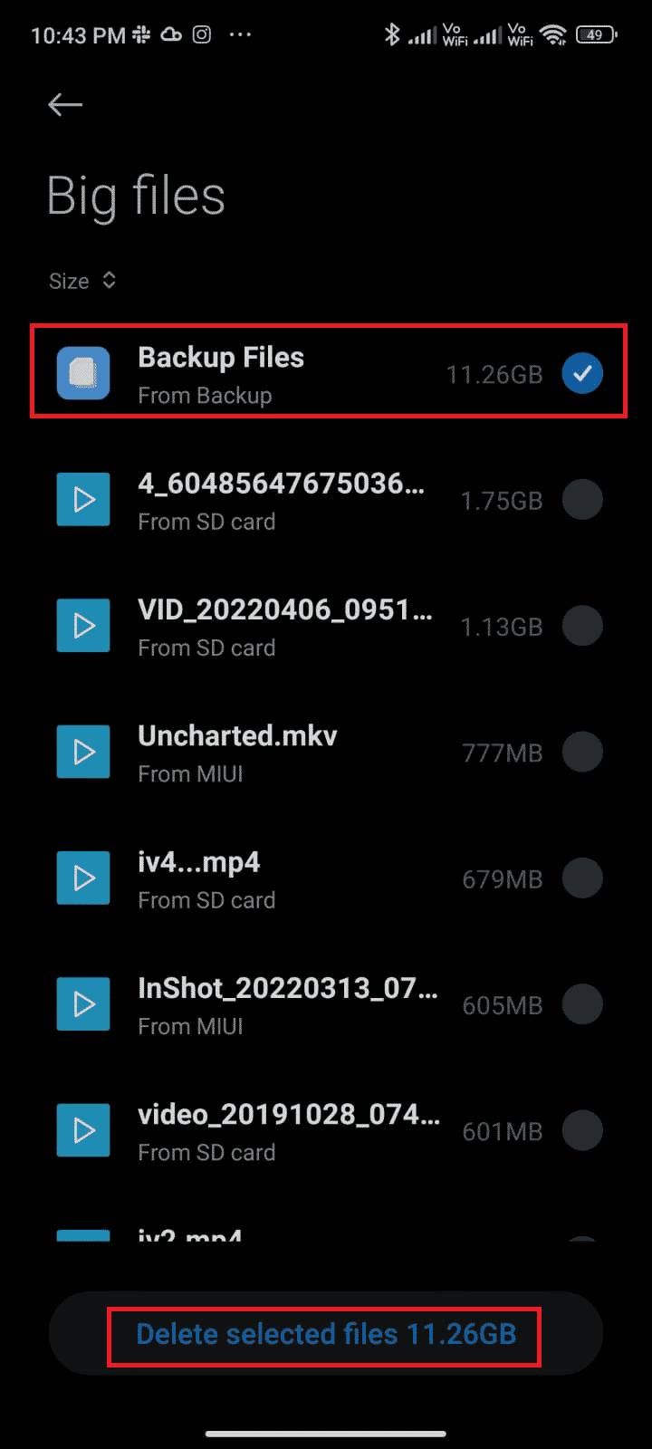 Ahora, seleccione todos los archivos innecesarios y toque Eliminar archivos seleccionados como se muestra