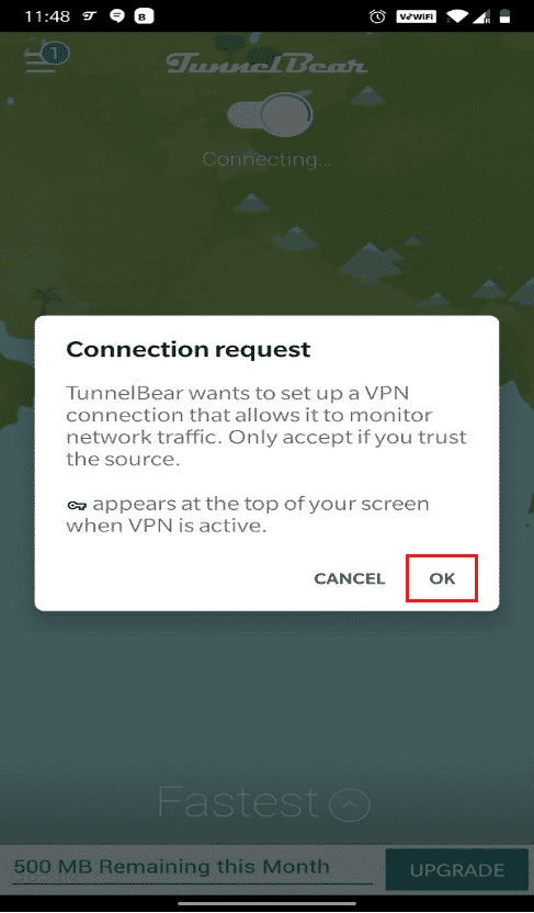 Otorgue permiso para que una solicitud de conexión administre la red a través de una conexión VPN tocando Aceptar | | Arreglar el código de error 495 de Google Play en Android