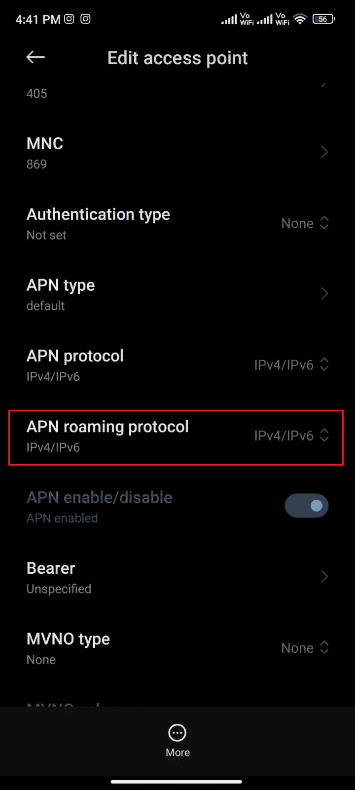 En el menú Editar punto de acceso, deslice hacia abajo y toque Protocolo de roaming APN