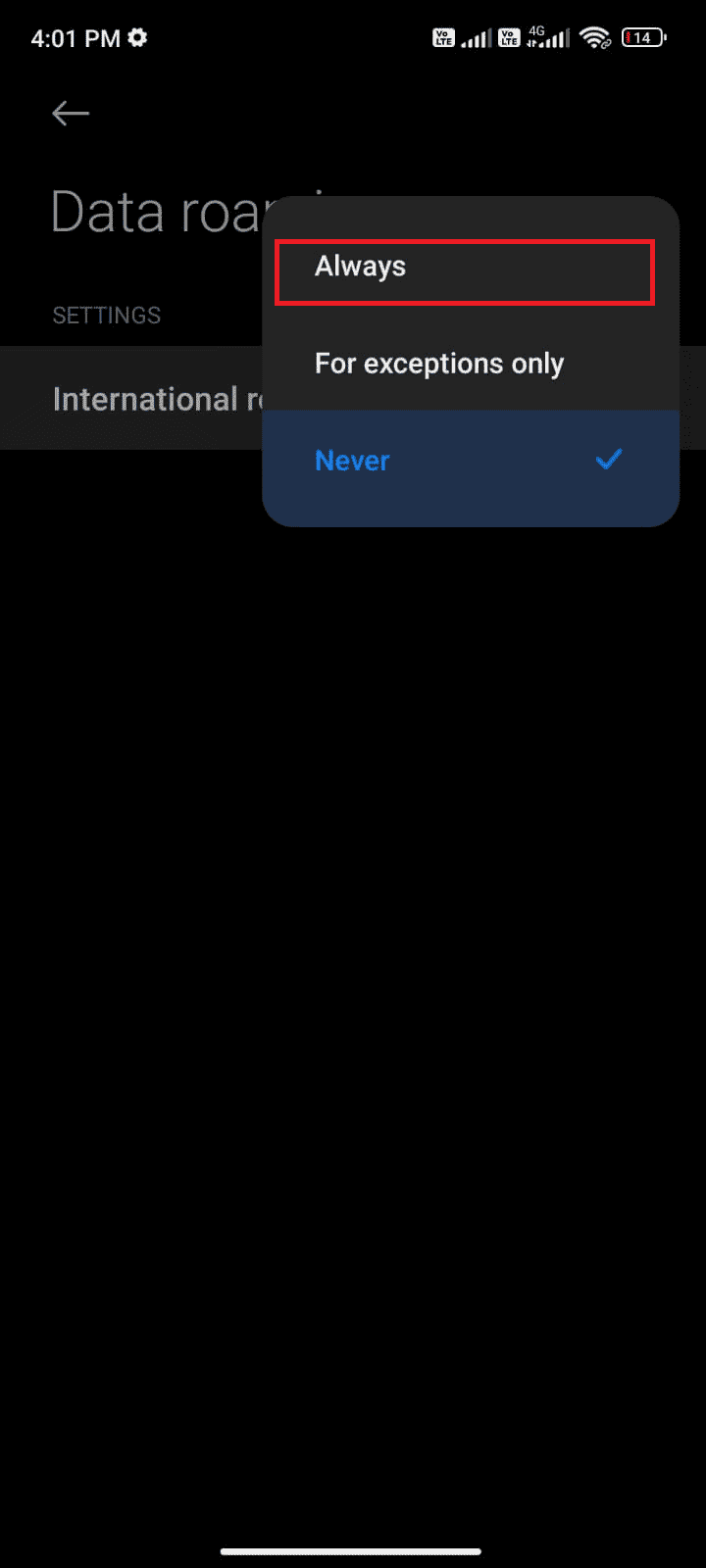 Luego, toque la casilla junto a Roaming internacional y establezca la opción en Siempre