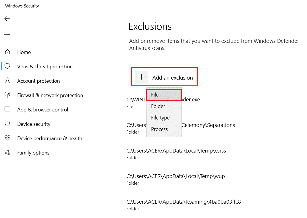 haga clic en Agregar una exclusión y haga clic en Archivo. Solucionar el error Origin 0xc00007b en Windows 10