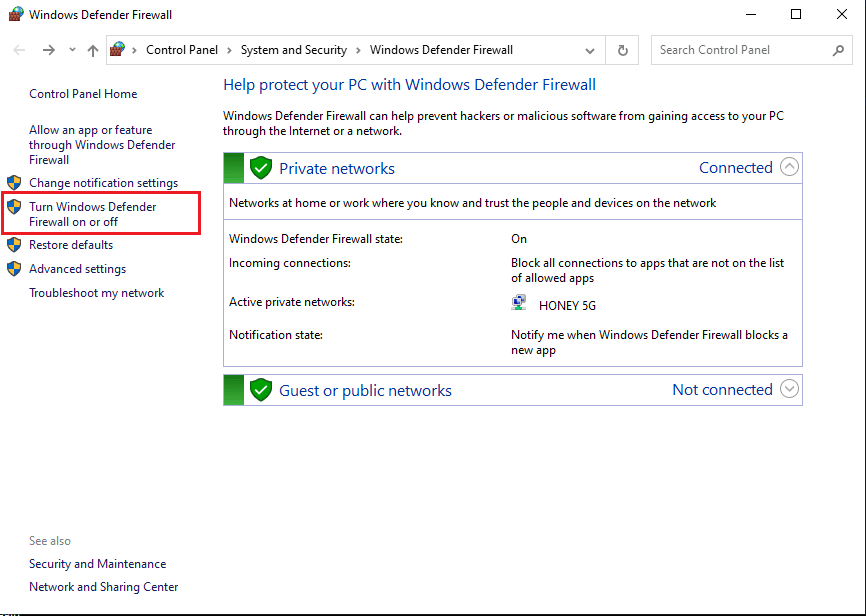 คลิกที่ตัวเลือก เปิดหรือปิดไฟร์วอลล์ Windows Defender