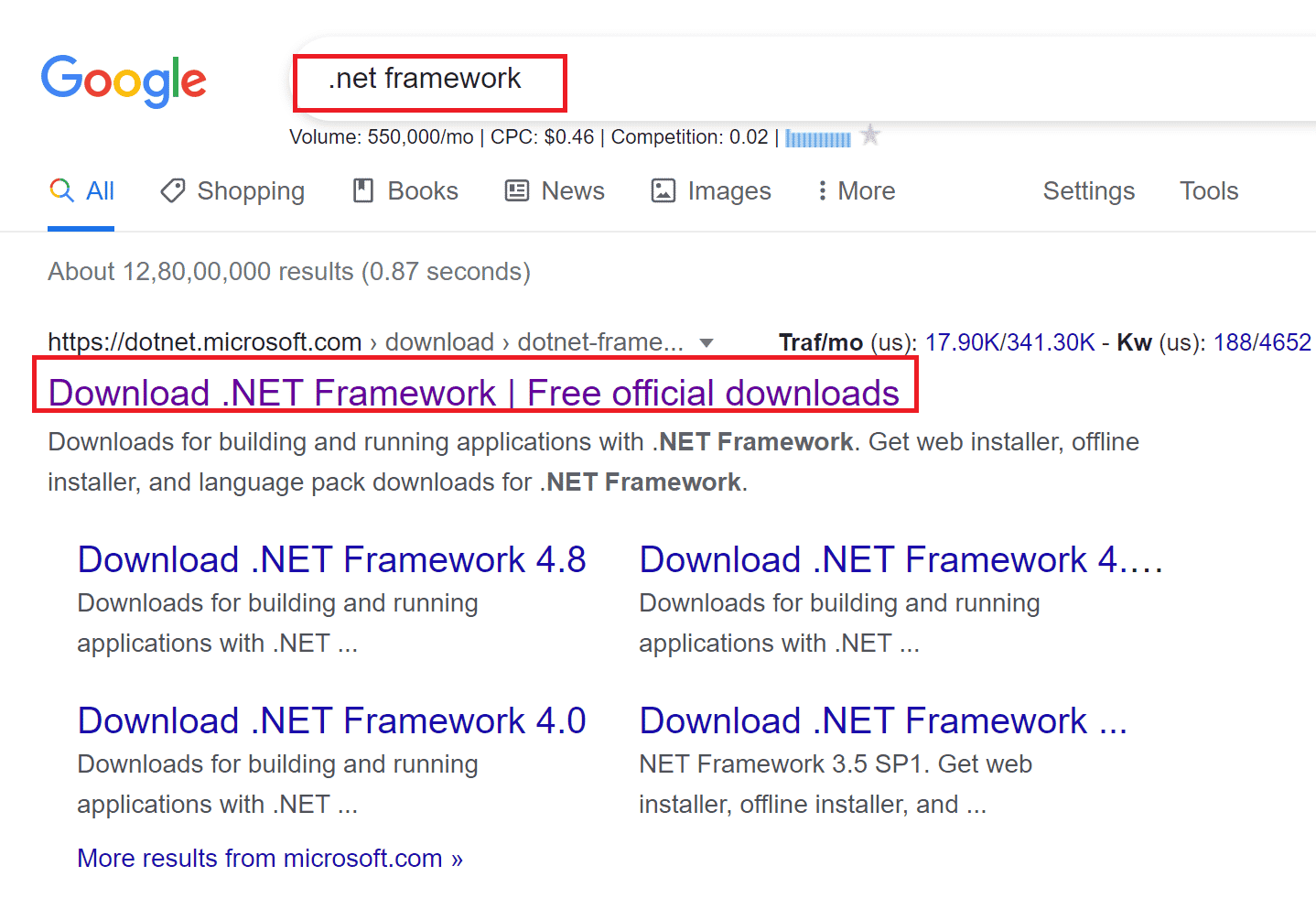 คลิกที่ผลการค้นหาแรกจากเว็บไซต์ทางการของ Microsoft ชื่อ Download .NET Framework