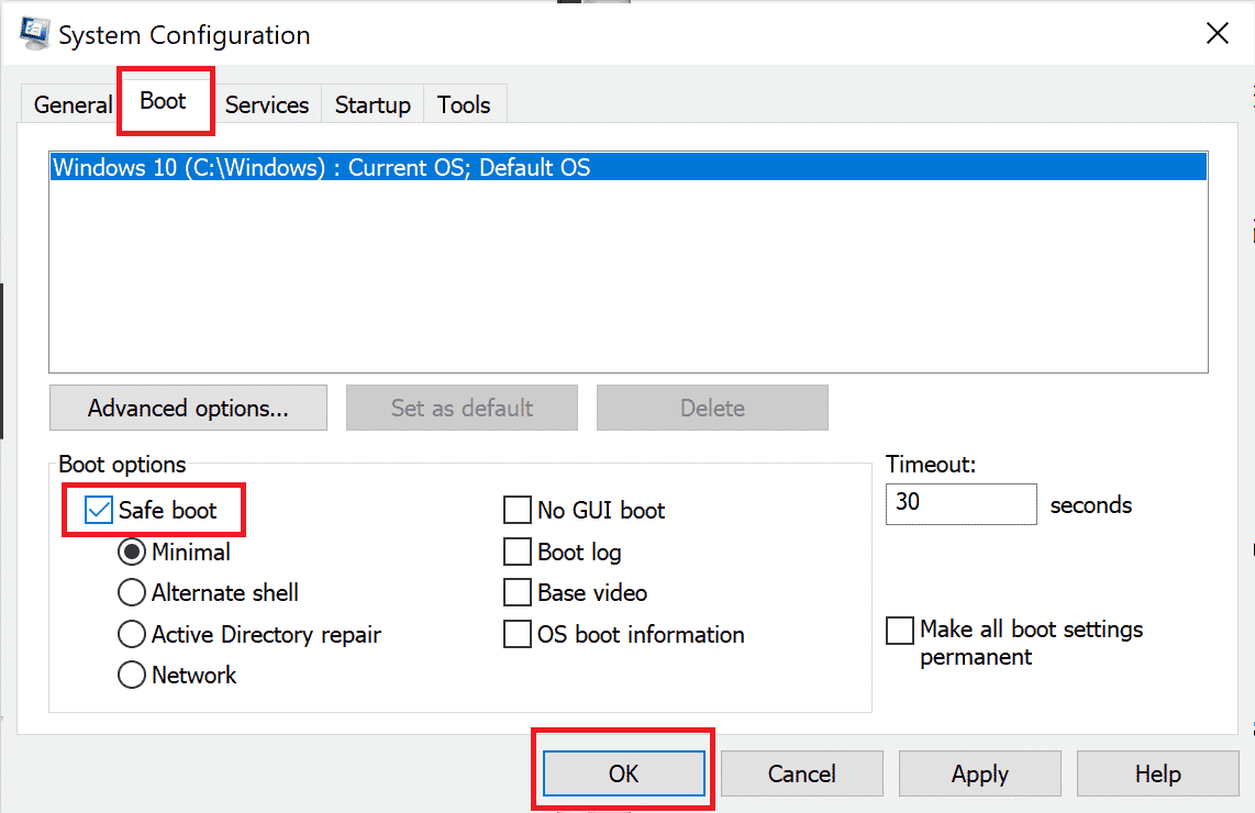 คลิกที่แท็บ Boot และทำเครื่องหมายที่ช่องถัดจาก Safe boot ภายใต้ Boot options แก้ไขข้อผิดพลาด Origin 65546:0 ใน Windows 10