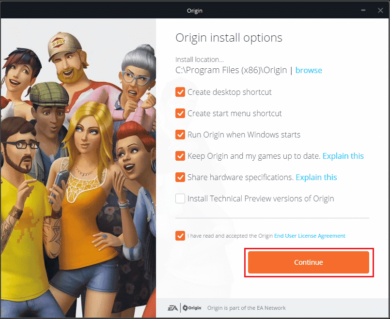 คลิกที่ดำเนินการต่อเพื่อติดตั้ง Origin