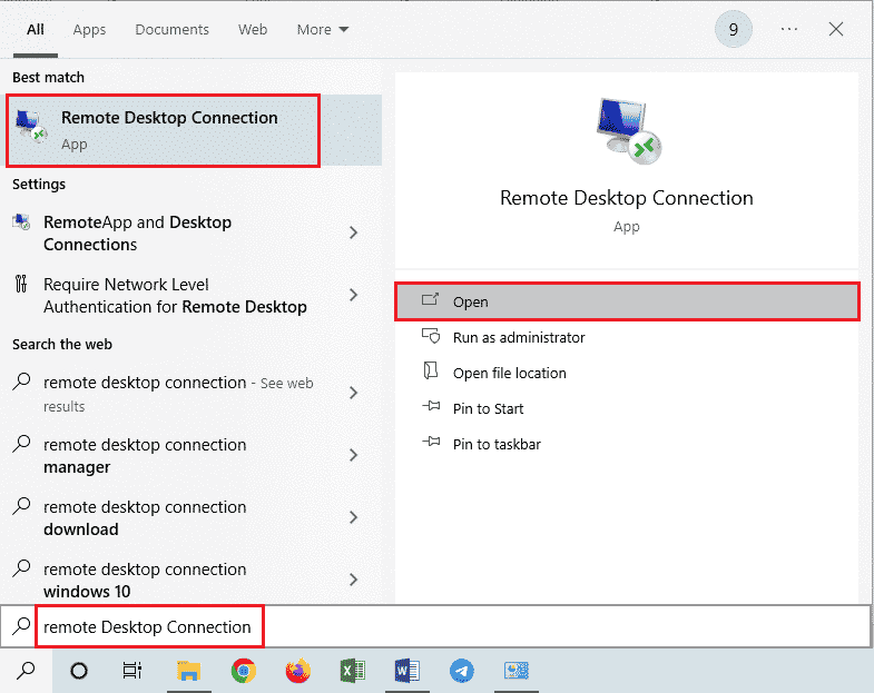 พิมพ์ Remote Desktop Connection ในแถบค้นหาของ Windows แล้วคลิก Open