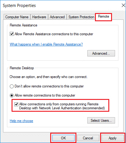 อนุญาตการเชื่อมต่อเฉพาะจากคอมพิวเตอร์ที่ใช้เดสก์ท็อประยะไกลด้วย Network Level Authentication